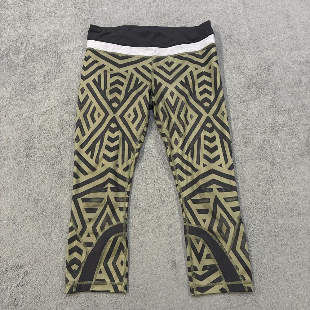 Lululemon Run Inspire Crop II Chevron Green Wide Mid Rise Leggings Womens Size 8